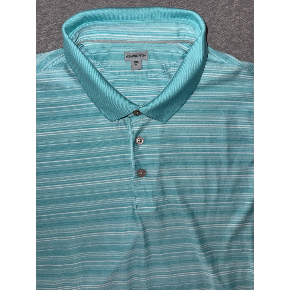 Ashworth‎ Mens Golf Polo Shirt Size XL Aqua Blue Striped Performance Luxurious